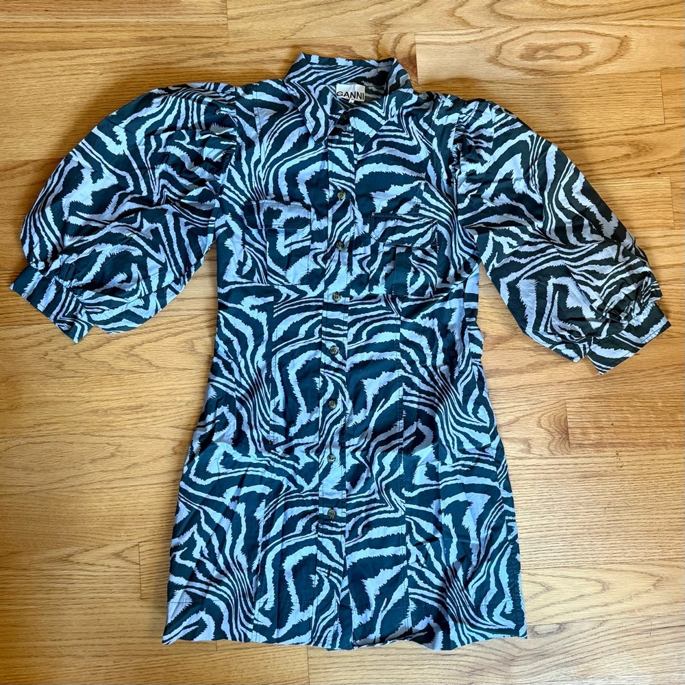 Ganni Animal Print Puff Sleeve Mini Shirt Dress